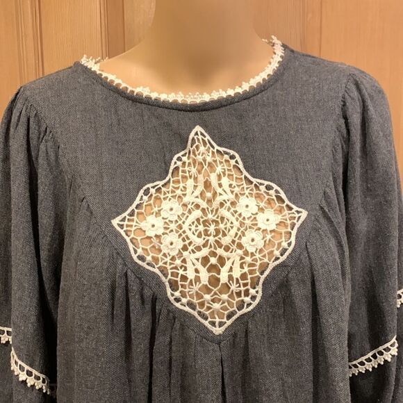 Zara Basic Boho dark gray lace embroidered detail blouse top Sz S - Picture 2 of 6